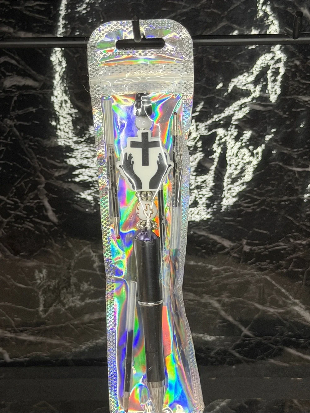 Black Cross Focal Bead Pen  Black and Blue Ink